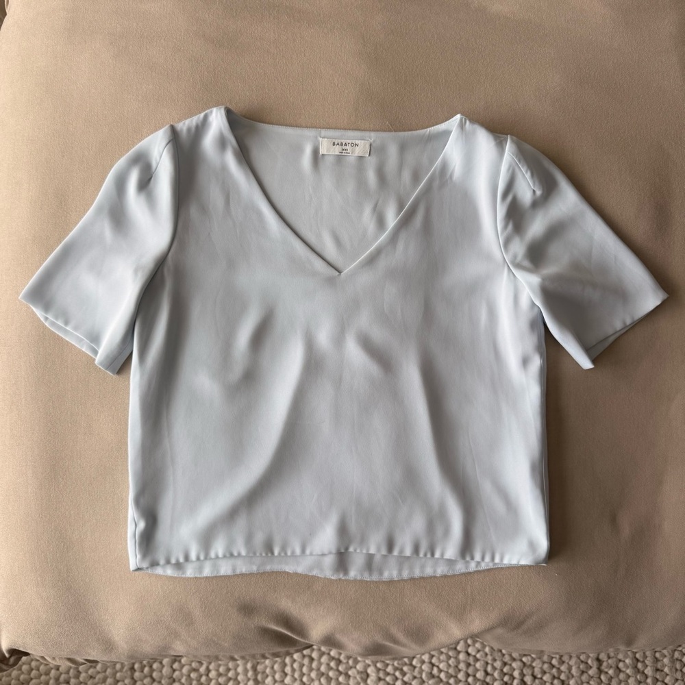 Babaton Light Blue V-Neck Short Sleeve Blouse